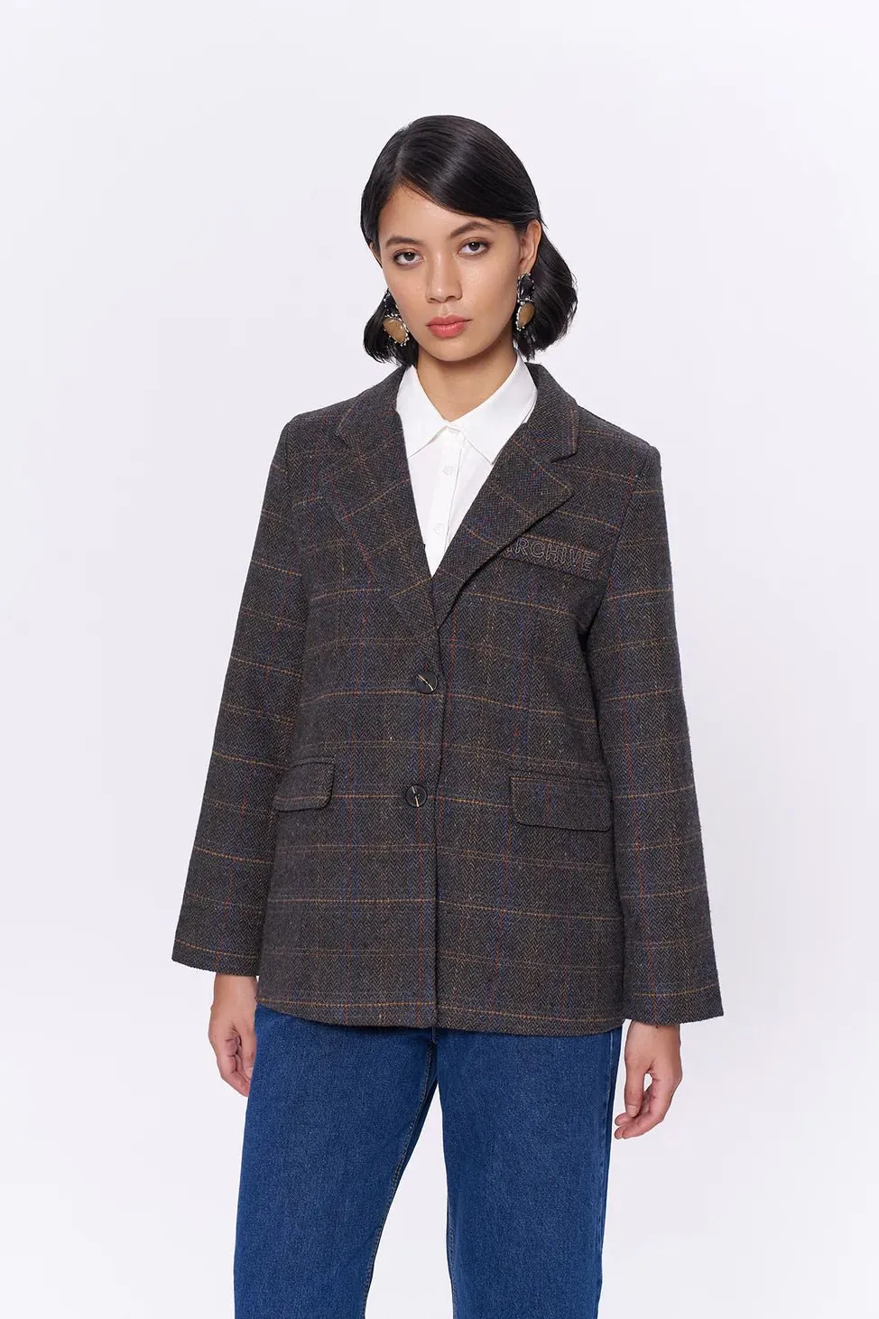 Pocket Writing Detailed Tweed Blazer Jacket Brown