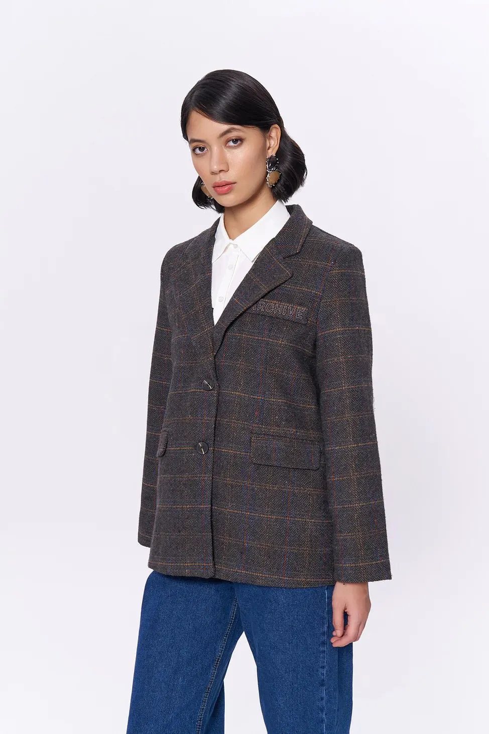Pocket Writing Detailed Tweed Blazer Jacket Brown