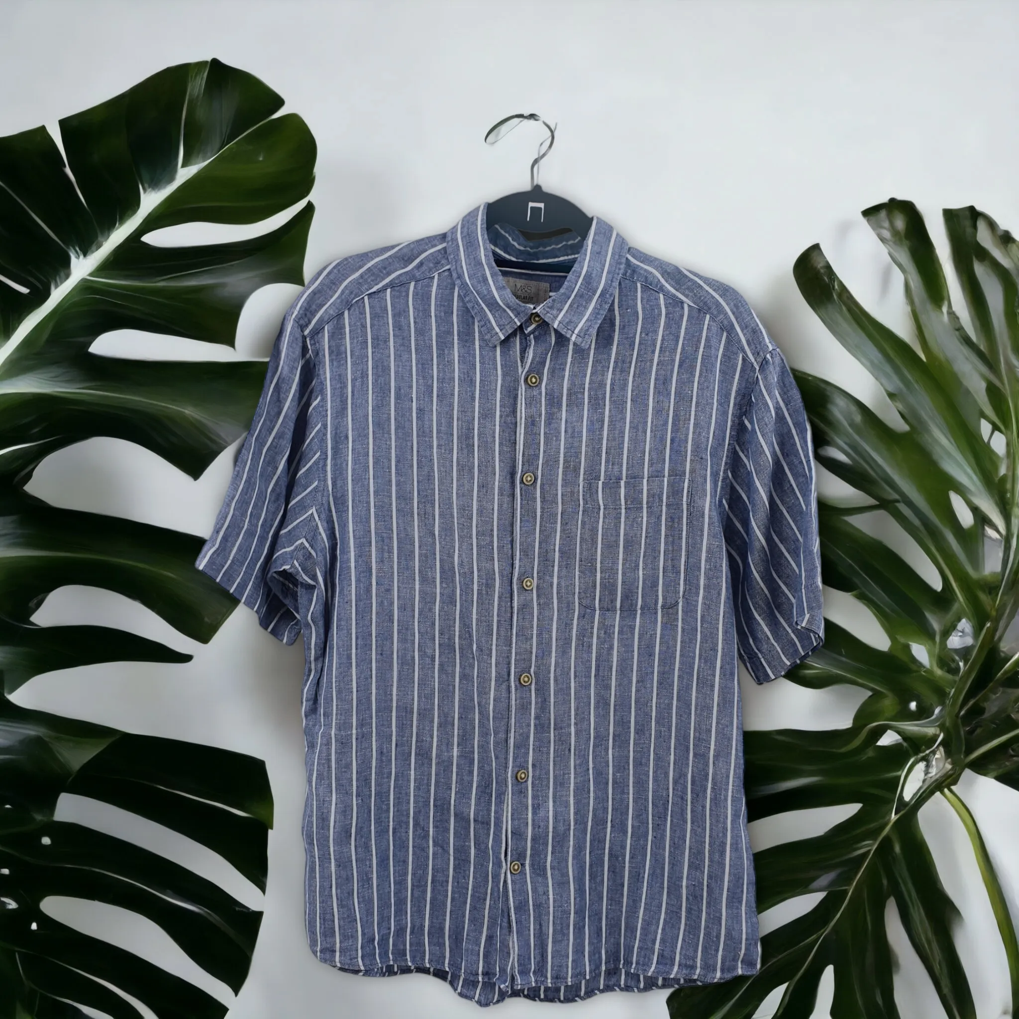 Preloved M&S Pure Linen Stripe Short Sleeve Shirt Medium