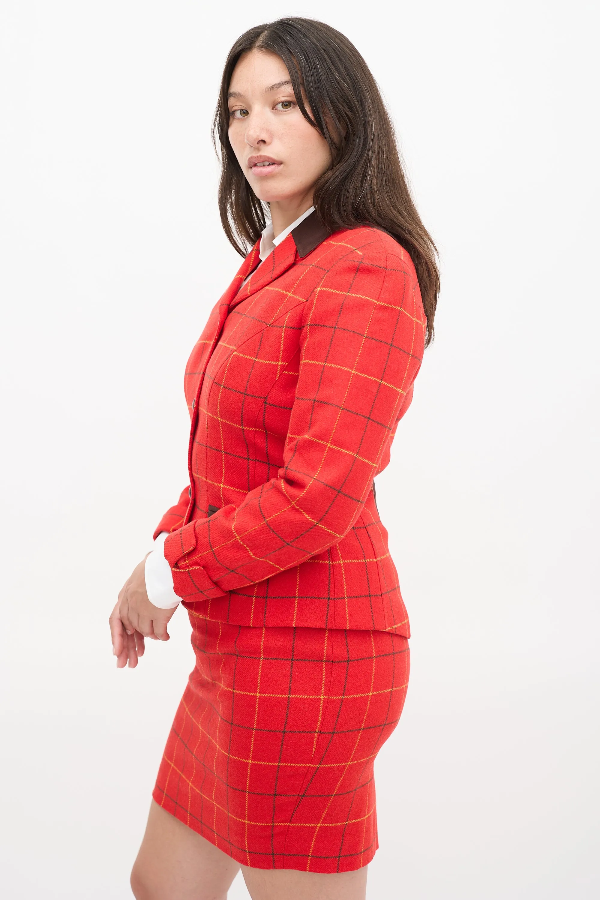 Red & Multi Wool Check Two Piece Skirt Suit