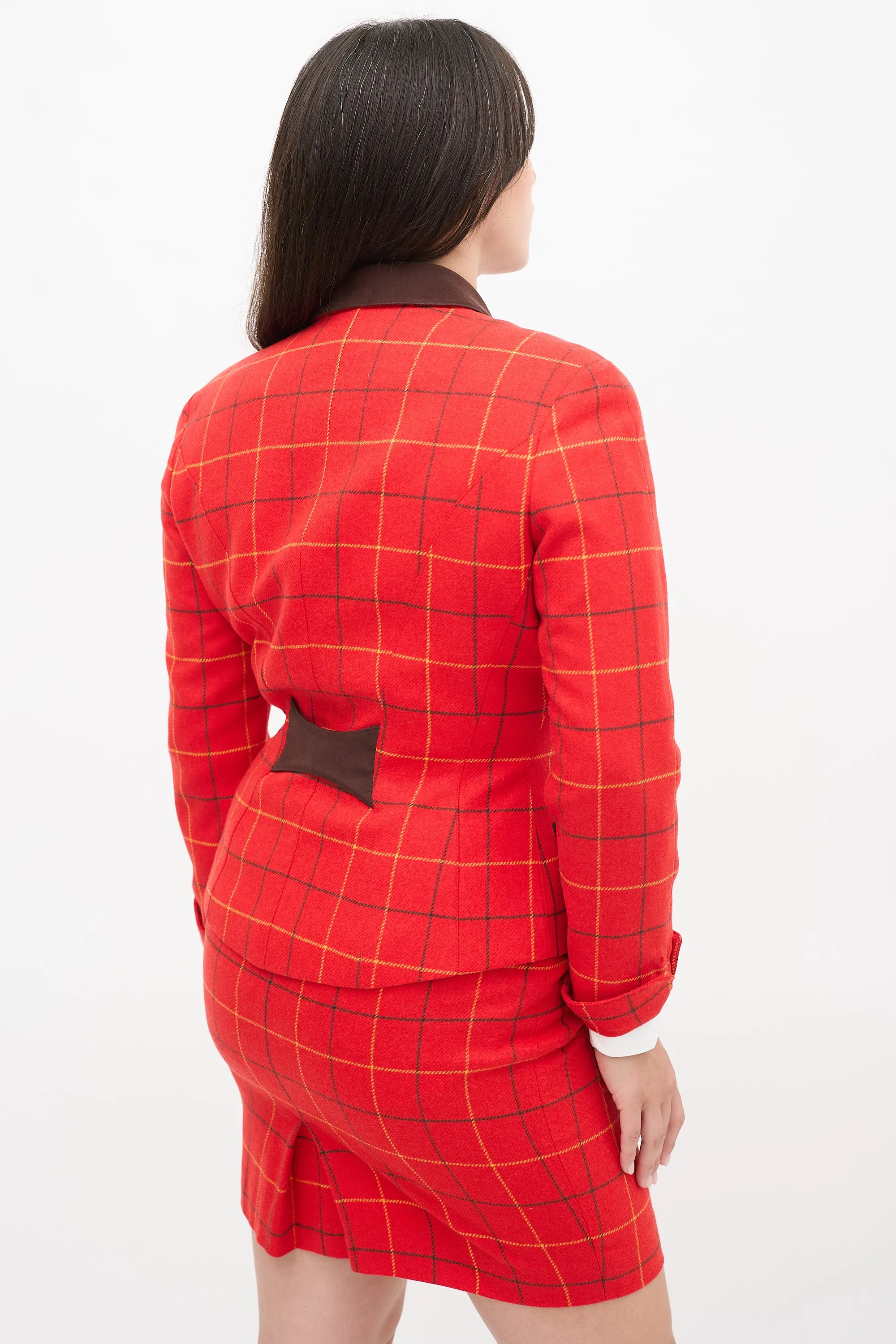 Red & Multi Wool Check Two Piece Skirt Suit