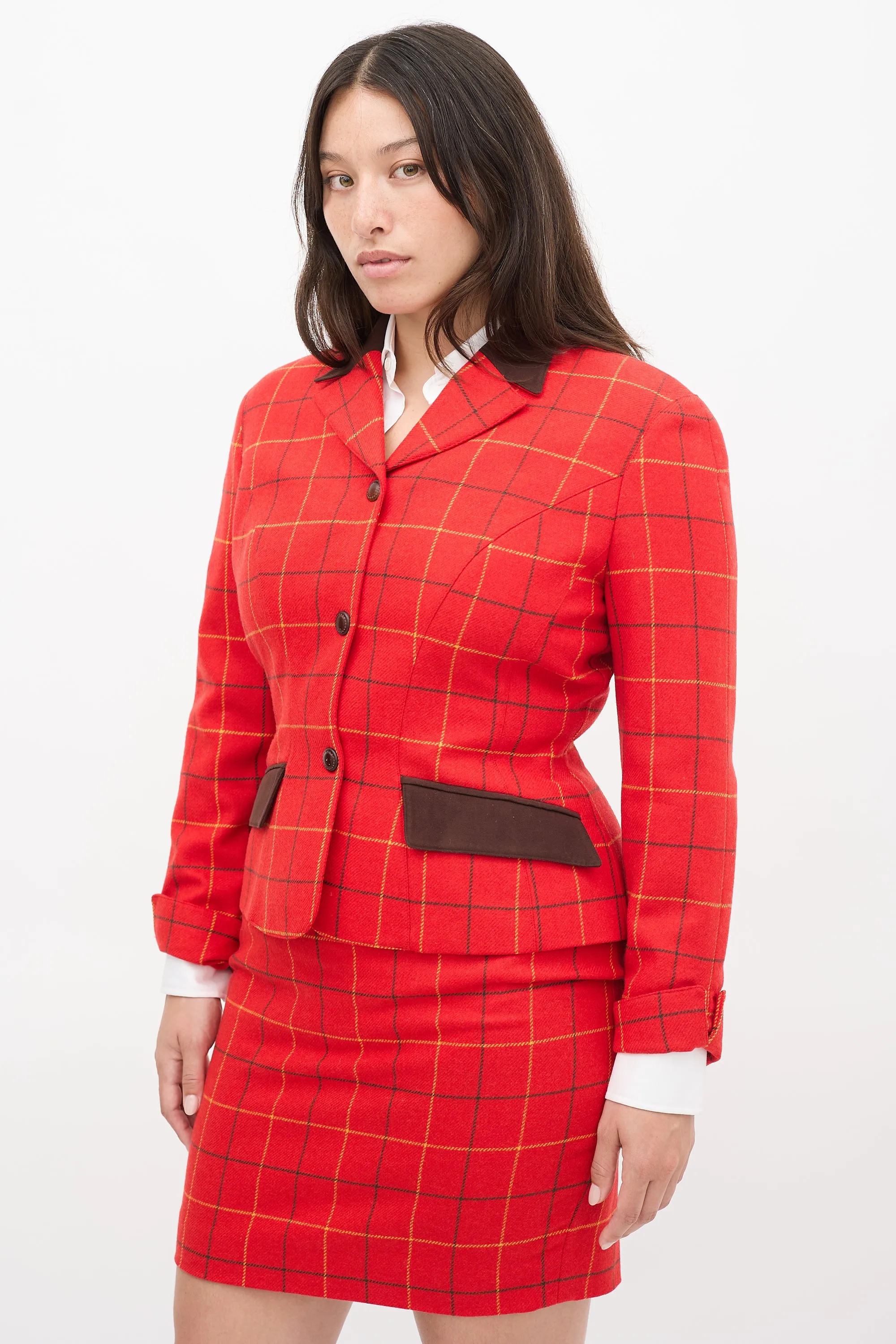 Red & Multi Wool Check Two Piece Skirt Suit