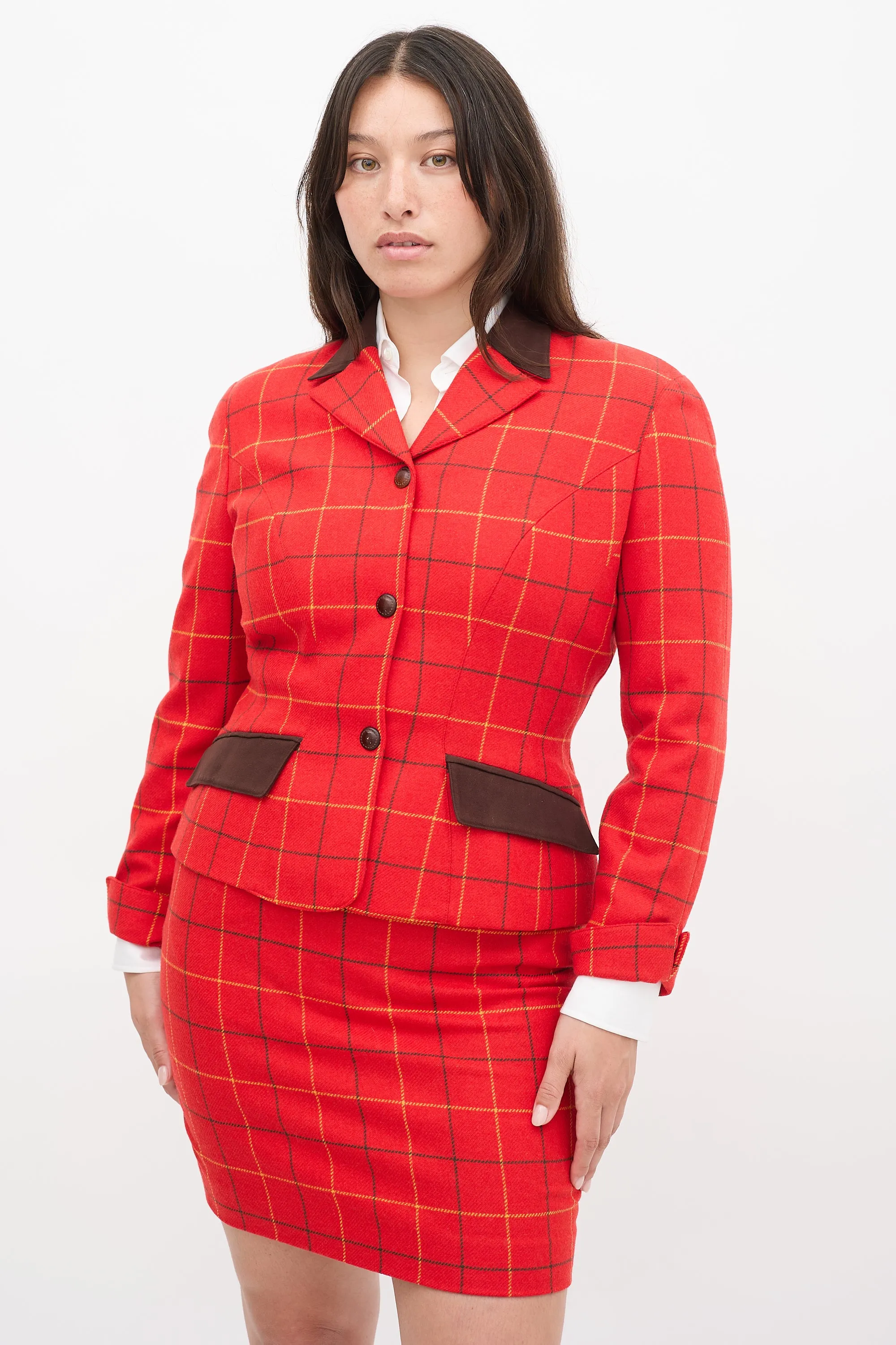 Red & Multi Wool Check Two Piece Skirt Suit