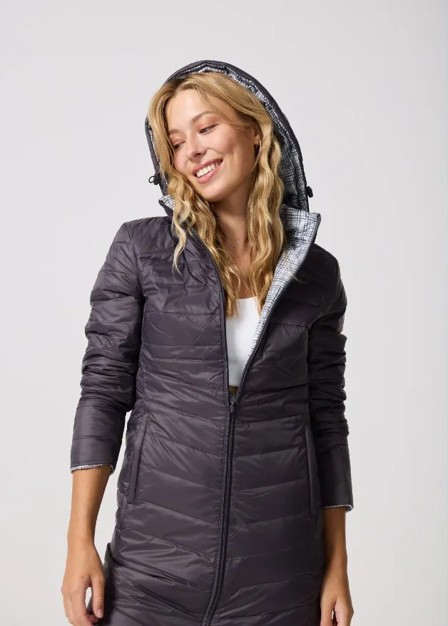Reversible Charcoal Check Duck Down Puffer Coat