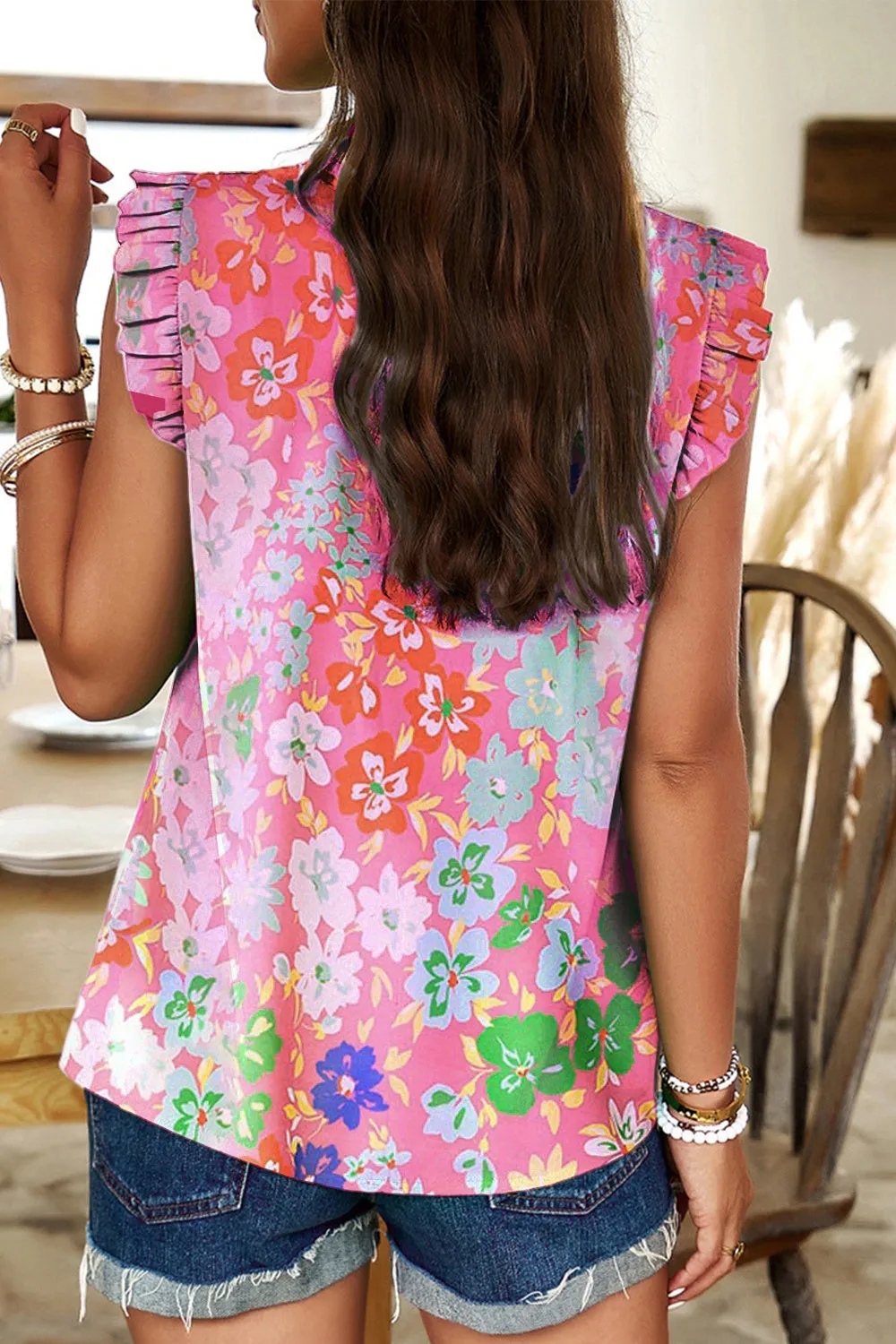 Ruffled Printed Mock Neck Cap Sleeve Blouse - 2 Colors