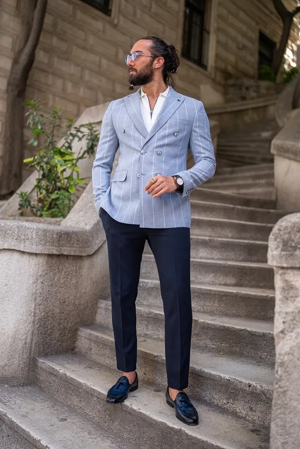 Sky Blue Slim Fit Double Breasted Striped Blazer for Men | GentWith