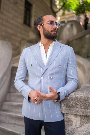 Sky Blue Slim Fit Double Breasted Striped Blazer for Men | GentWith