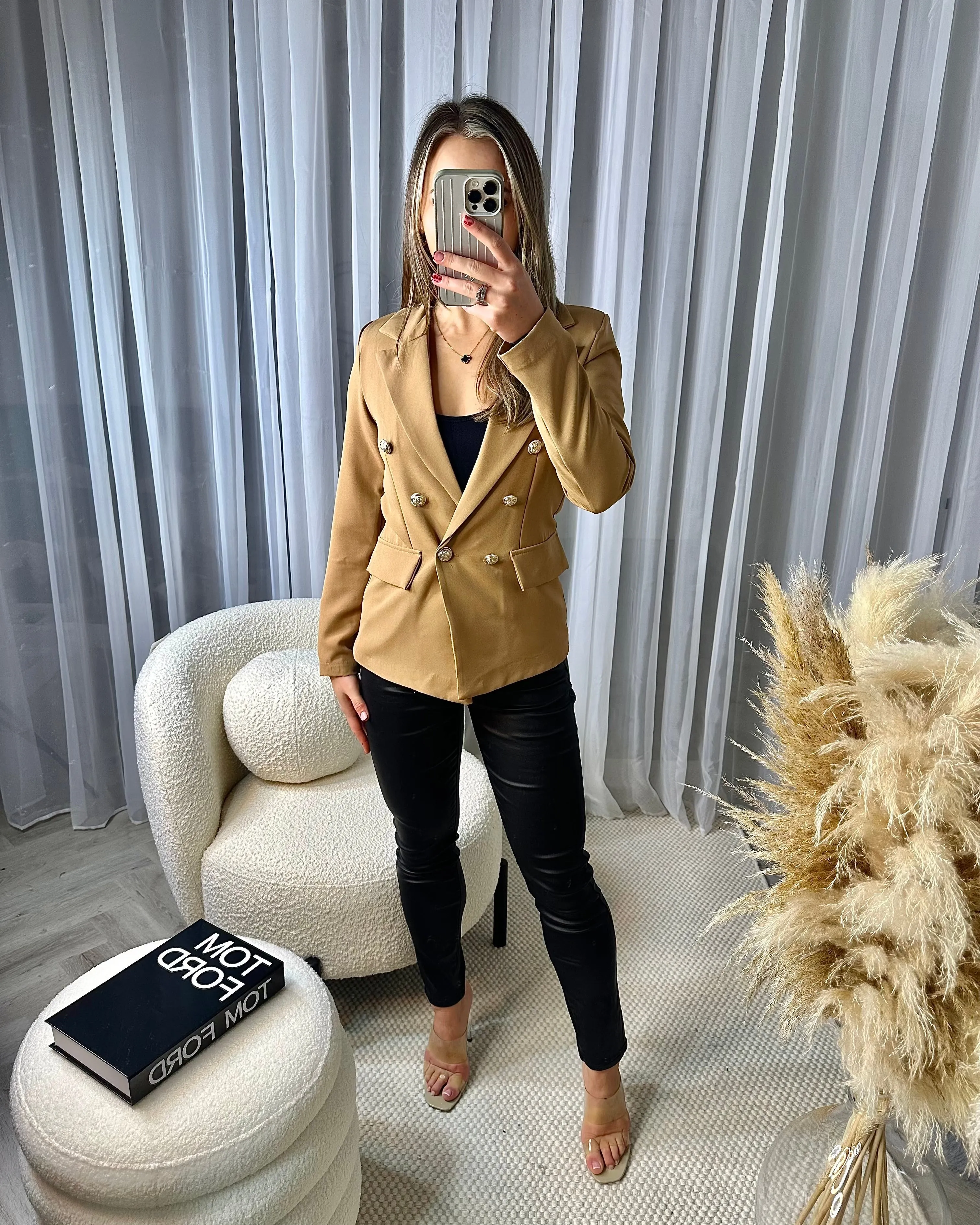 Thea Fitted Gold Button Blazer - Camel