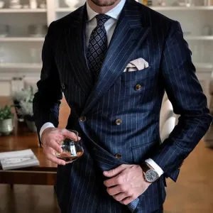 Trendy Navy Blue Striped Men's Suit – Peak Lapel Double-Breasted Blazer & Pants Set