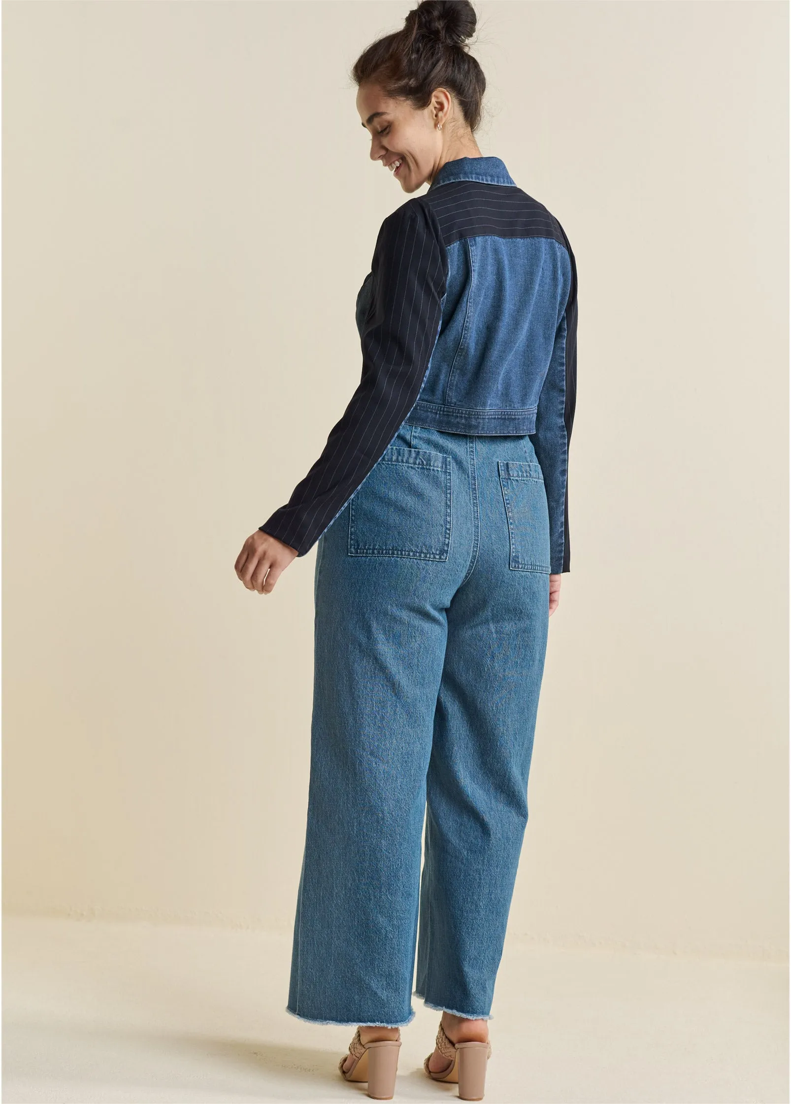 Tweed Denim Mixed Blazer - Medium Wash