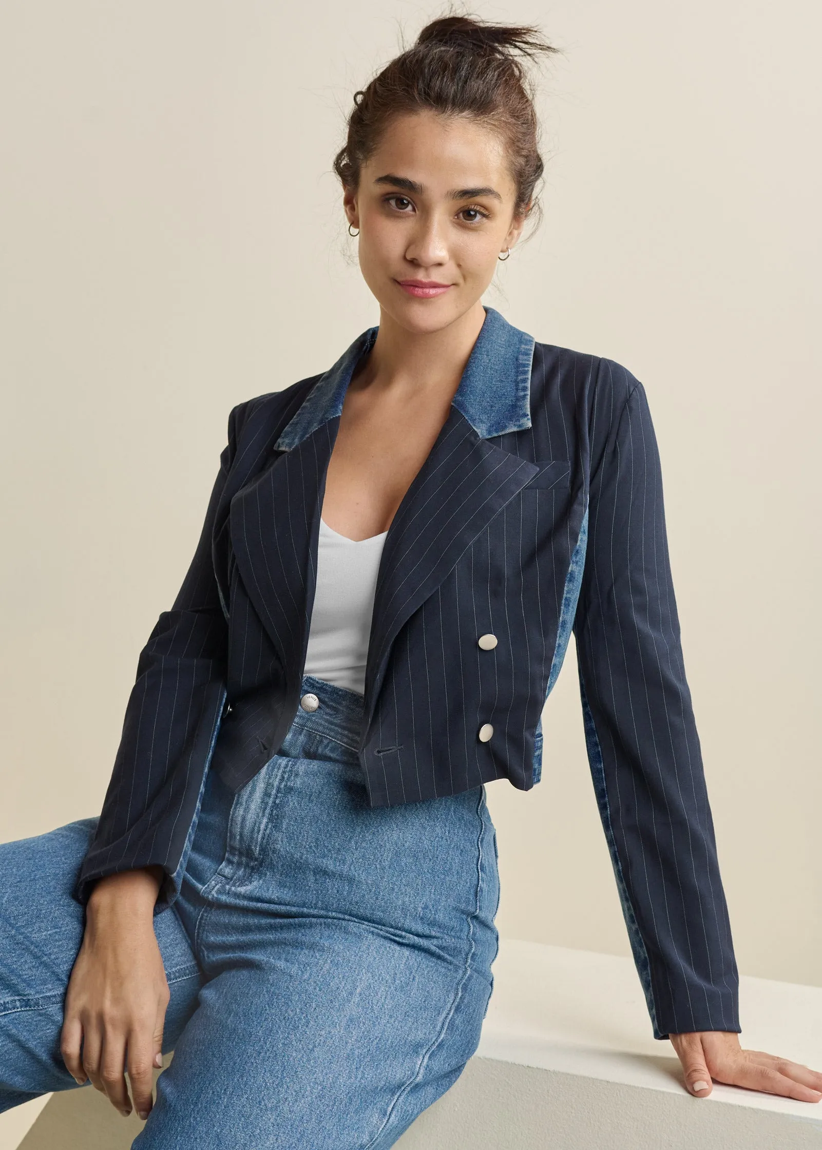 Tweed Denim Mixed Blazer - Medium Wash
