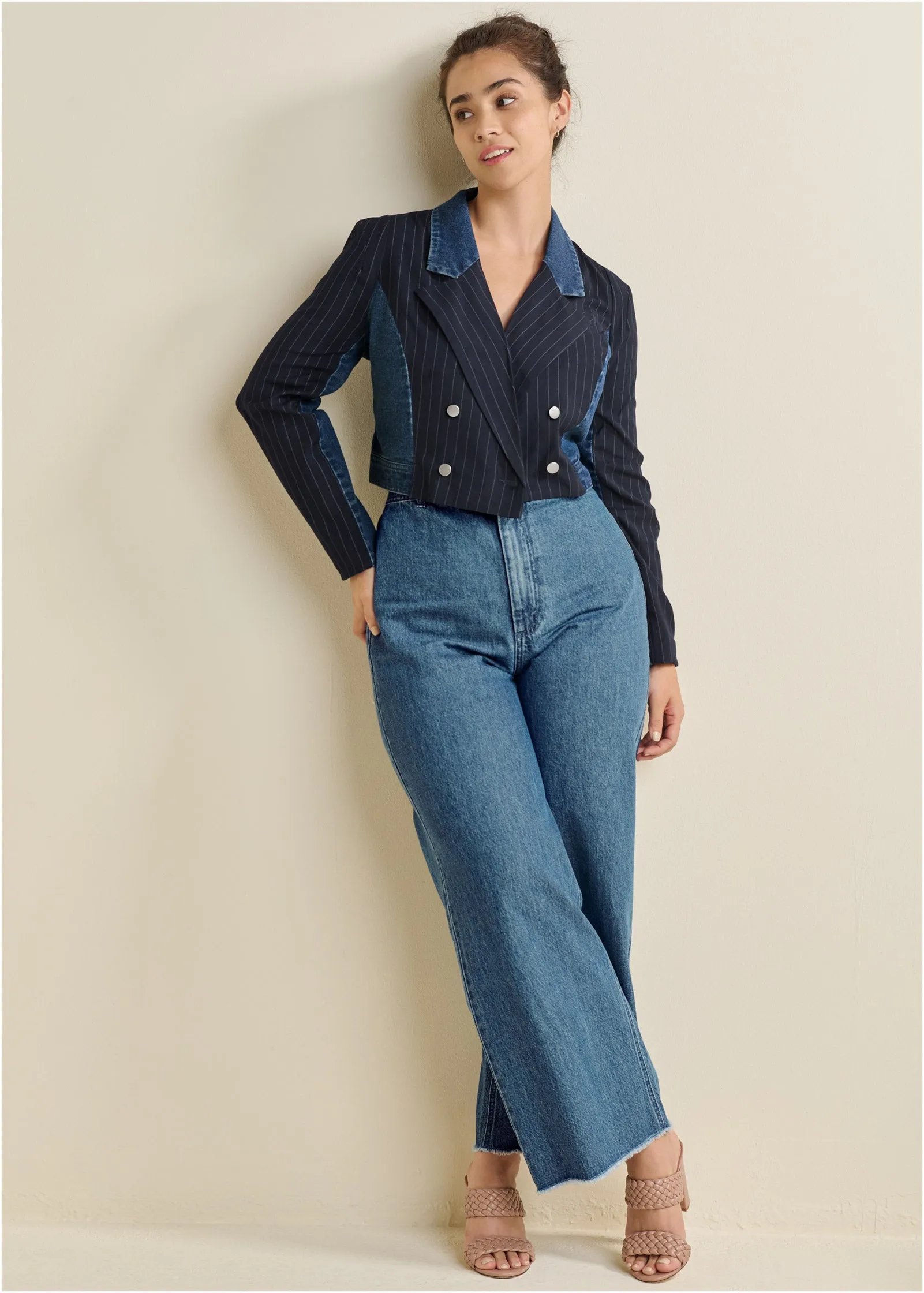 Tweed Denim Mixed Blazer - Medium Wash