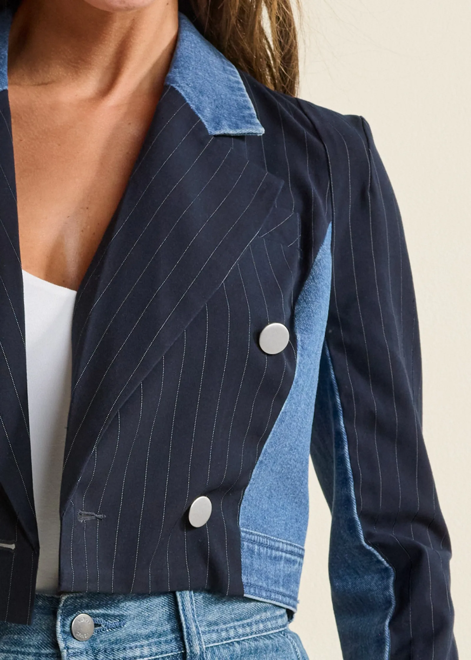 Tweed Denim Mixed Blazer - Medium Wash