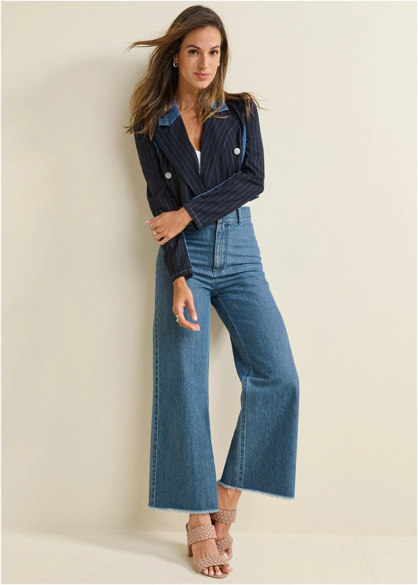 Tweed Denim Mixed Blazer - Medium Wash