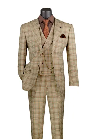Vinci Modern Fit Windowpane Peak Lapel 3 Piece Suit Khaki MV2W-3