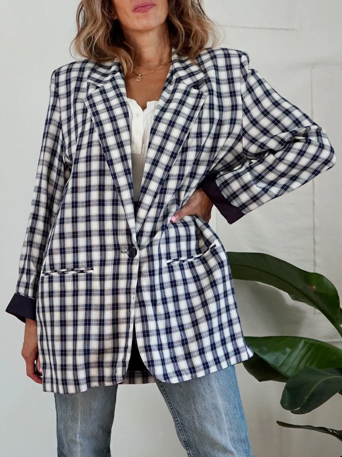 Vintage Navy Windowpane Plaid Blazer