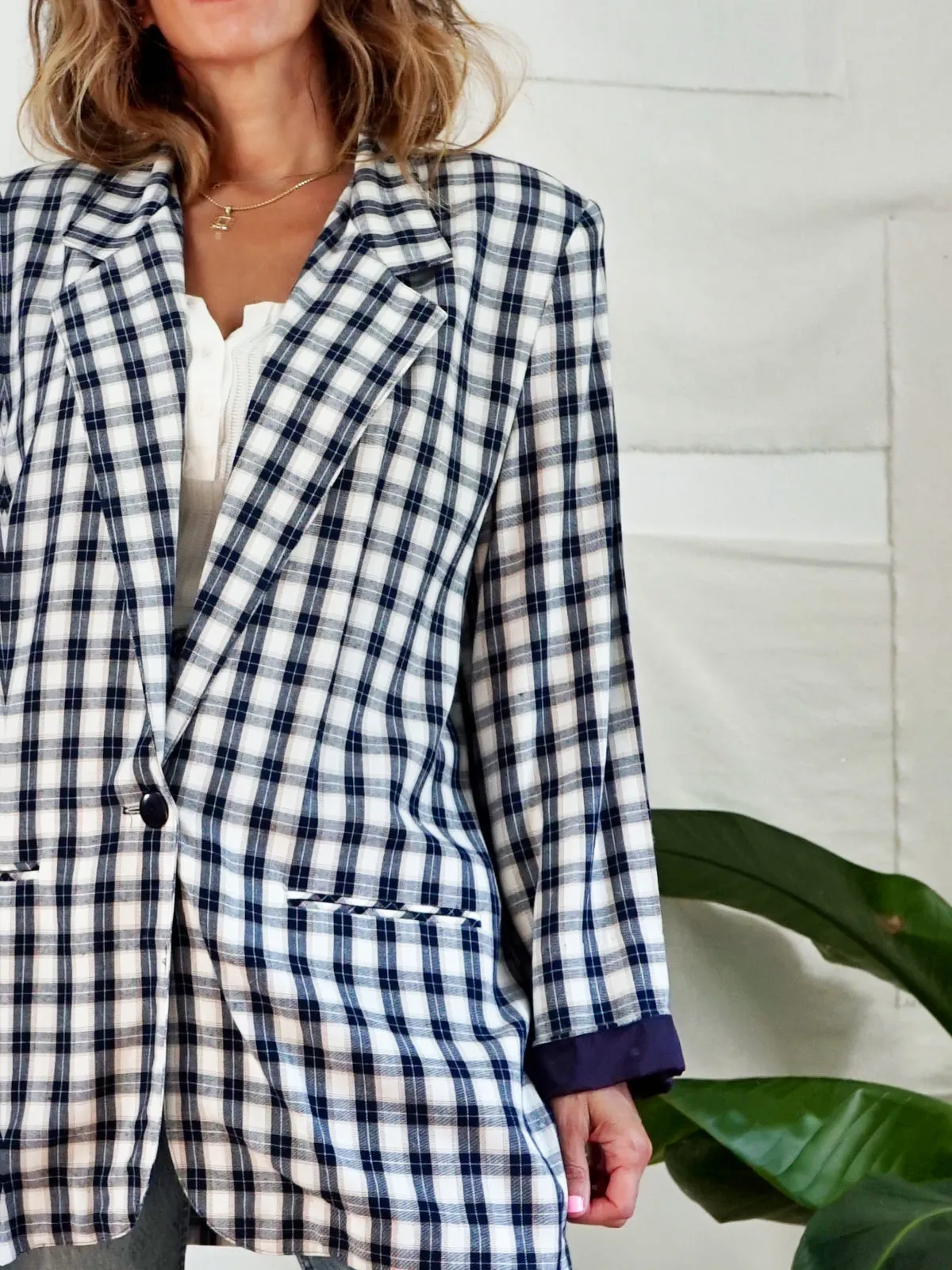 Vintage Navy Windowpane Plaid Blazer