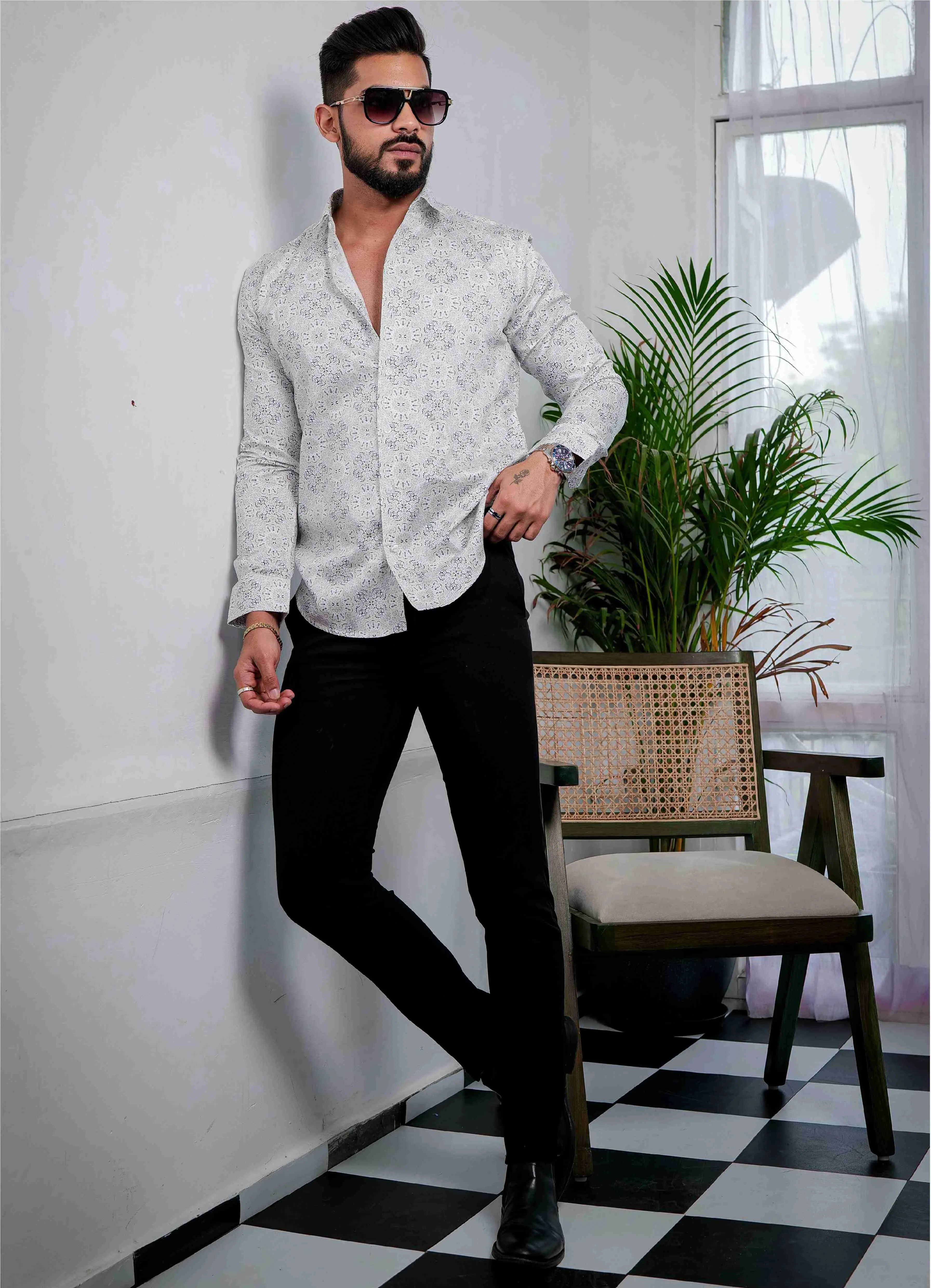 White Cotton Print Premium Shirt