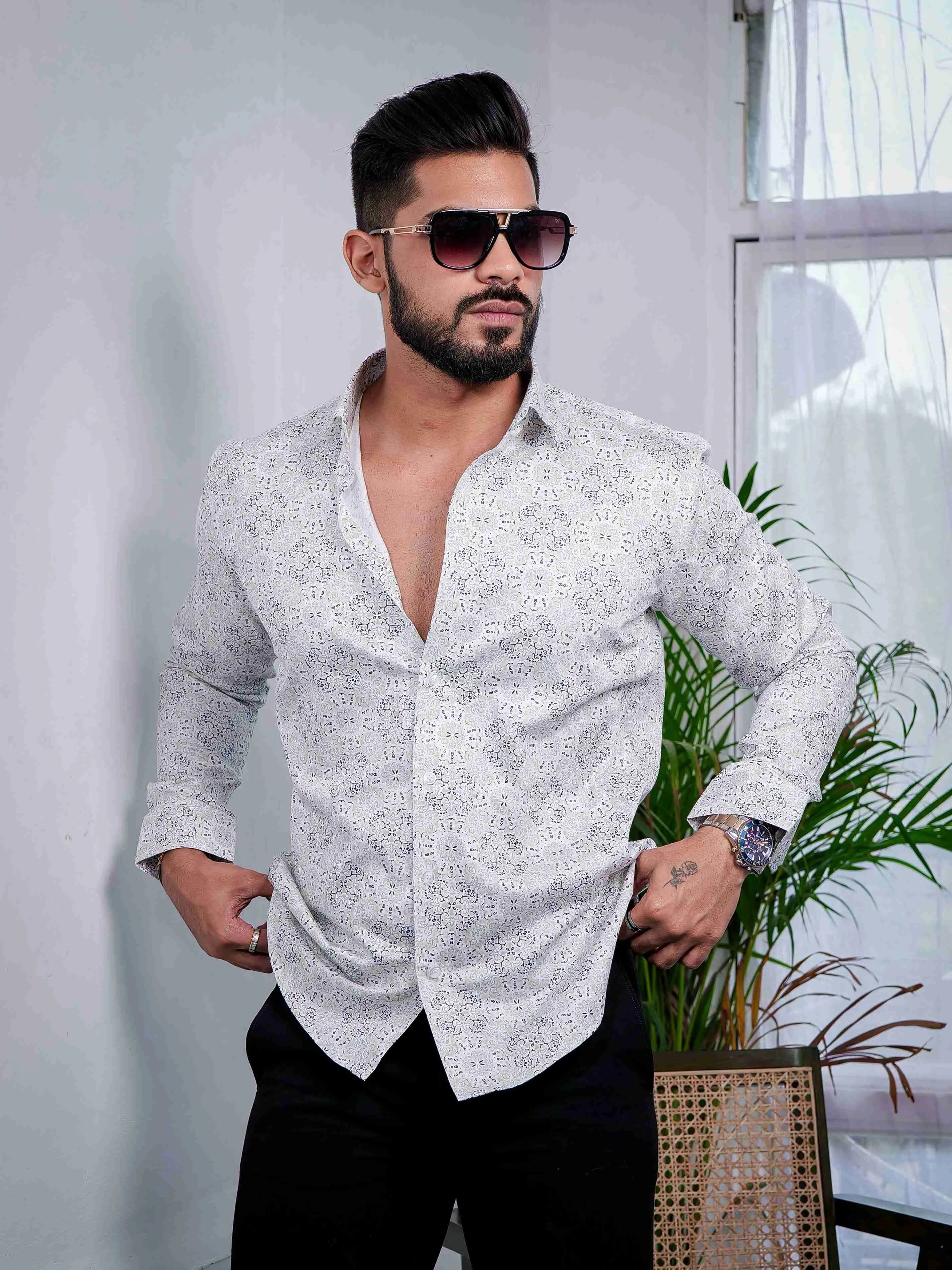 White Cotton Print Premium Shirt