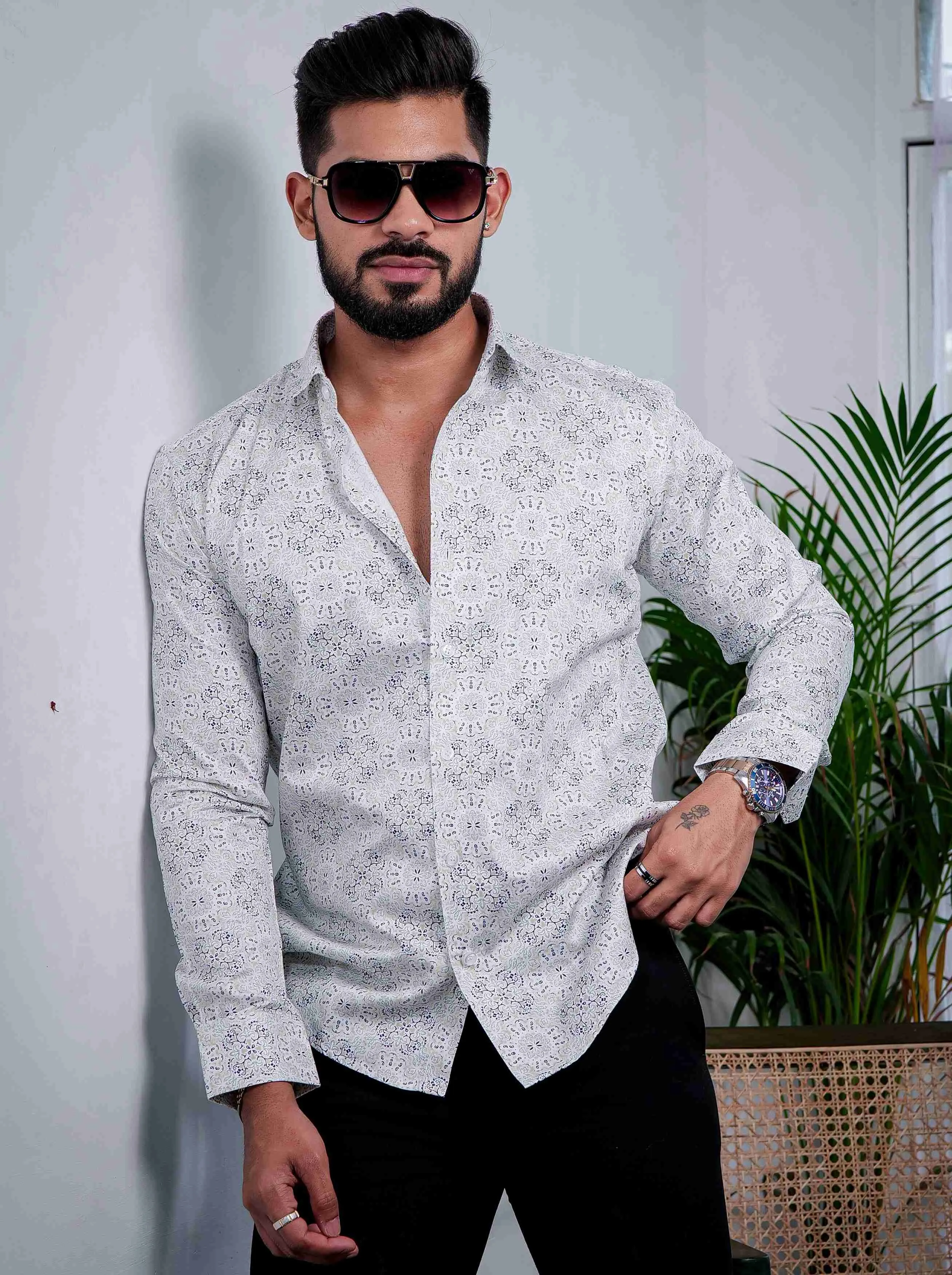 White Cotton Print Premium Shirt