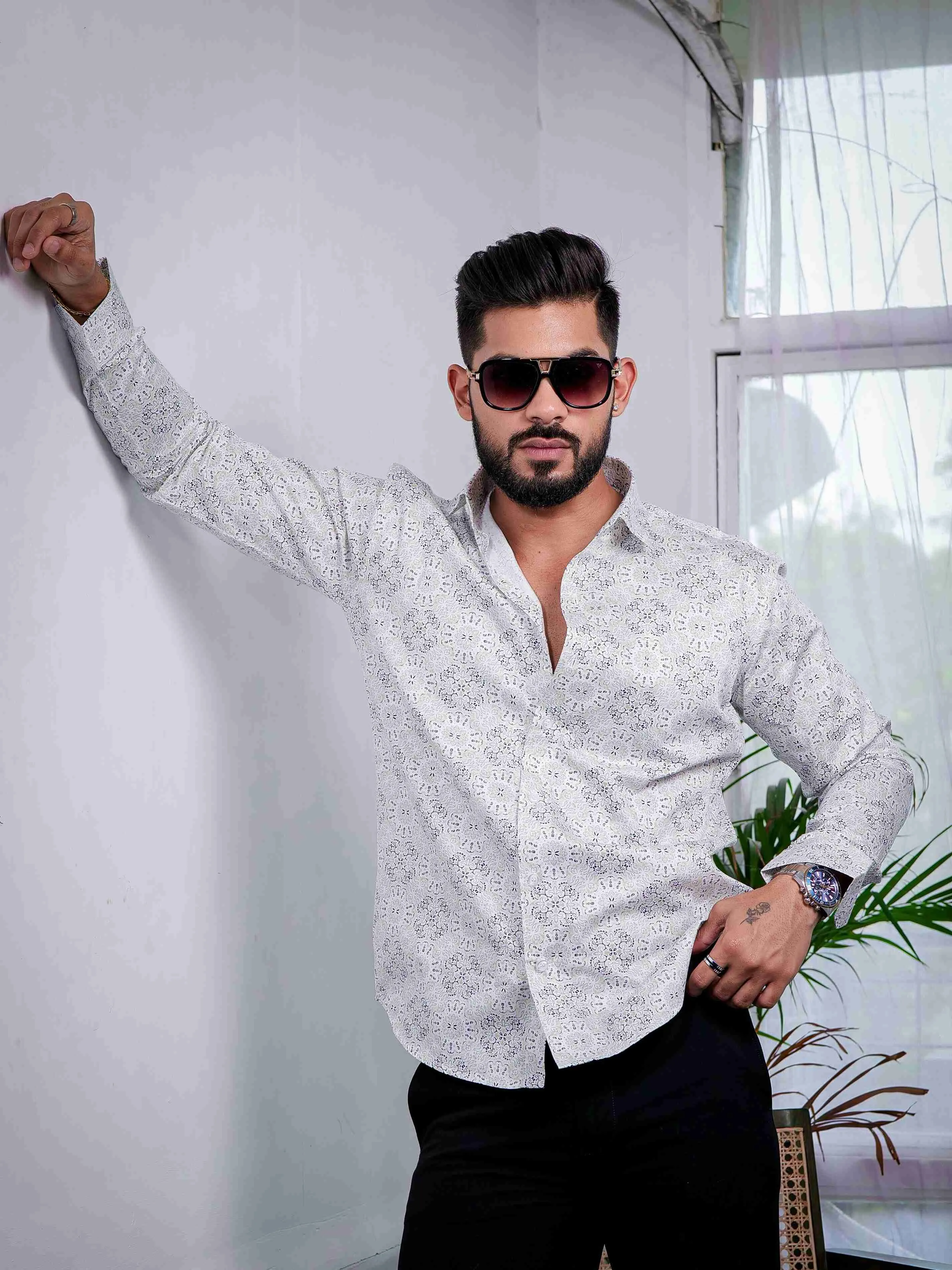 White Cotton Print Premium Shirt