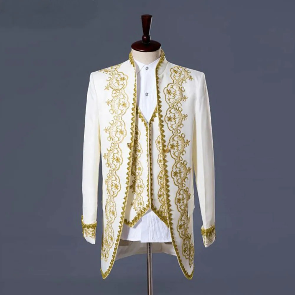 White or Black with Classic Gold Embroidery Three Pieces Set Design Men Costume Suits