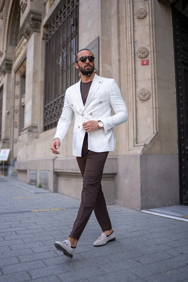 White Slim Fit Double Breasted Striped Blazer for Men | GentWith
