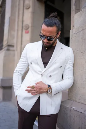 White Slim Fit Double Breasted Striped Blazer for Men | GentWith