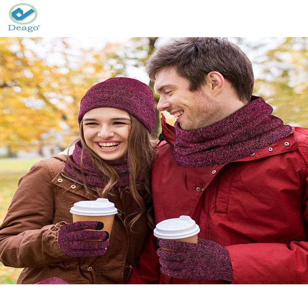 Winter Beanie Hat Scarf Touchscreen Gloves Set for Men and Women, Beanie Gloves Neck Warmer Set with Warm Knit Fleece Lined (Rose Red)