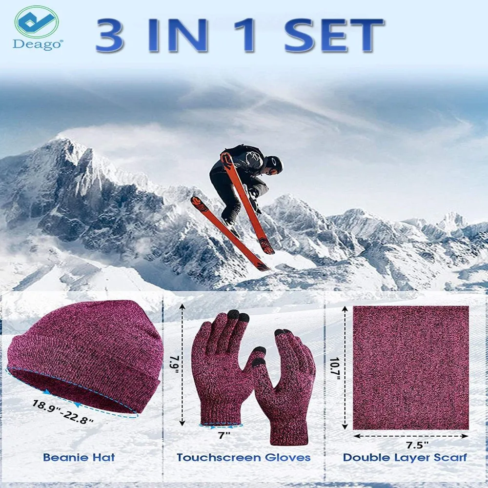 Winter Beanie Hat Scarf Touchscreen Gloves Set for Men and Women, Beanie Gloves Neck Warmer Set with Warm Knit Fleece Lined (Rose Red)