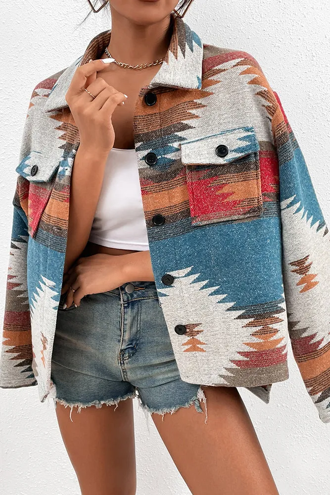 Women Winter Outfits Aztec Print Pocketed Button Up Shackets