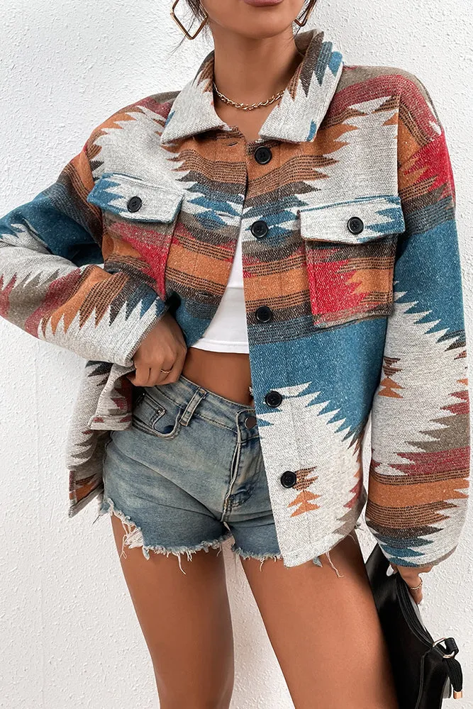 Women Winter Outfits Aztec Print Pocketed Button Up Shackets