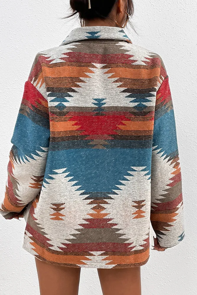 Women Winter Outfits Aztec Print Pocketed Button Up Shackets