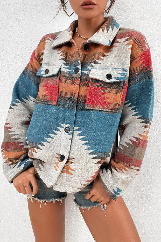 Women Winter Outfits Aztec Print Pocketed Button Up Shackets