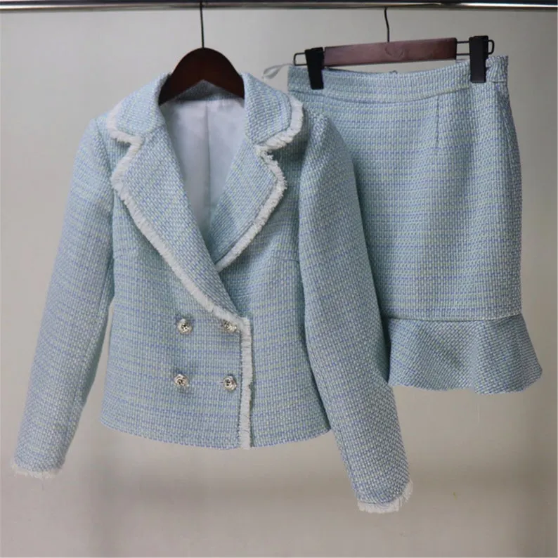 Womens Designer Inspired Custom Made Tweed Short Blazer   Fishtail Mermaid Skirt Suit