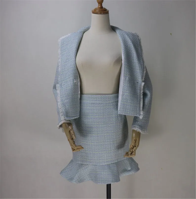 Womens Designer Inspired Custom Made Tweed Short Blazer   Fishtail Mermaid Skirt Suit
