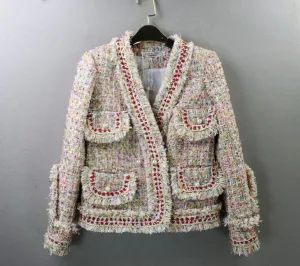 Womens Tassel Pearl Button Tweed Jacket Coat