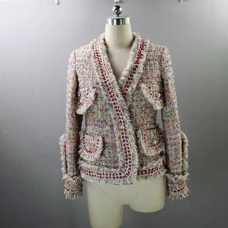 Womens Tassel Pearl Button Tweed Jacket Coat