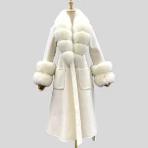 Wool With Real Fox Fur Collar Cuff Slim Fit Elegant Belted Cashmere Long Coat