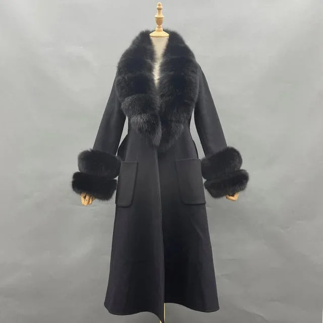 Wool With Real Fox Fur Collar Cuff Slim Fit Elegant Belted Cashmere Long Coat
