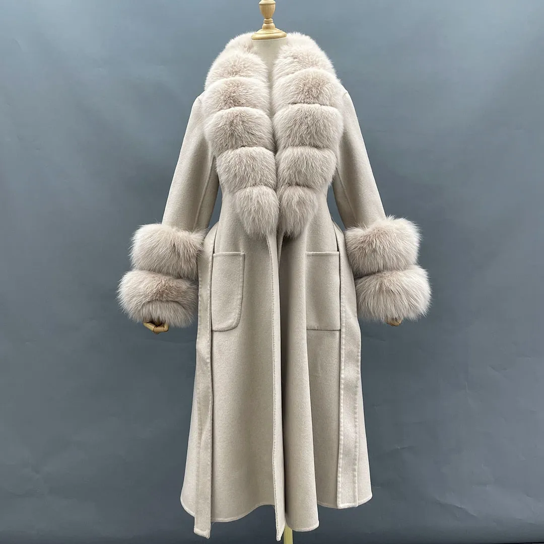 Wool With Real Fox Fur Collar Cuff Slim Fit Elegant Belted Cashmere Long Coat