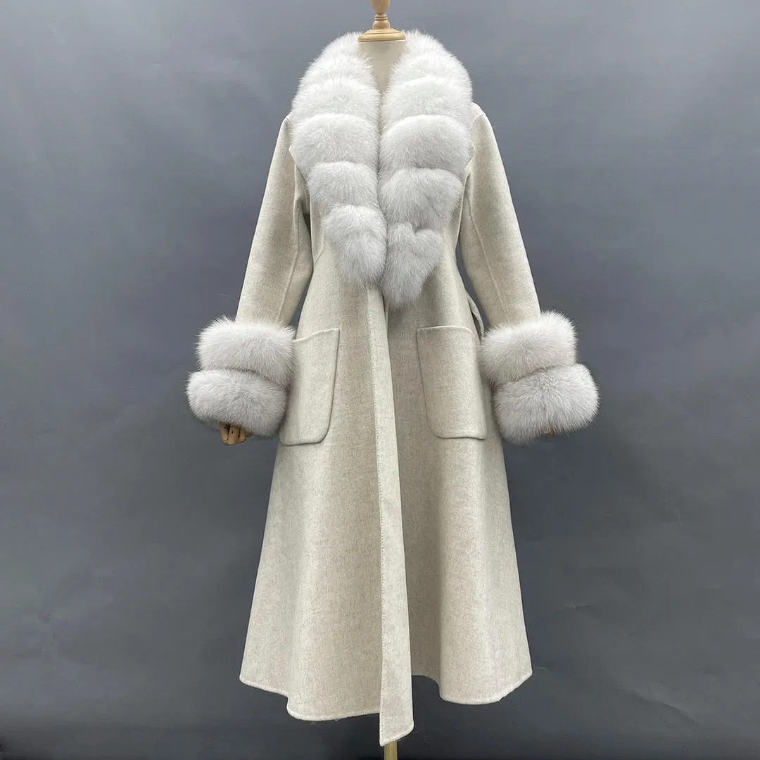 Wool With Real Fox Fur Collar Cuff Slim Fit Elegant Belted Cashmere Long Coat