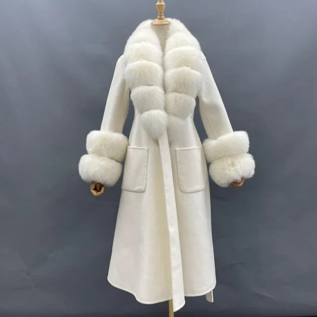 Wool With Real Fox Fur Collar Cuff Slim Fit Elegant Belted Cashmere Long Coat