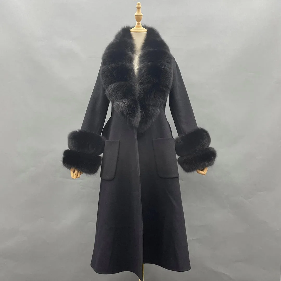 Wool With Real Fox Fur Collar Cuff Slim Fit Elegant Belted Cashmere Long Coat