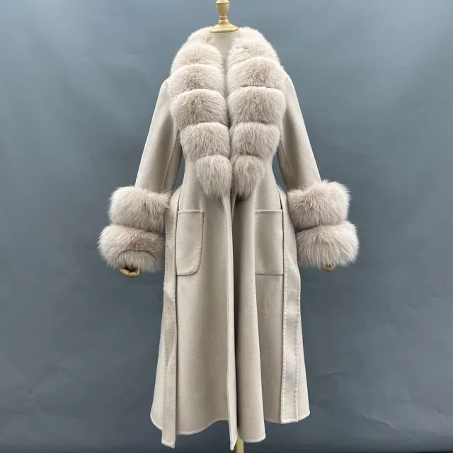Wool With Real Fox Fur Collar Cuff Slim Fit Elegant Belted Cashmere Long Coat