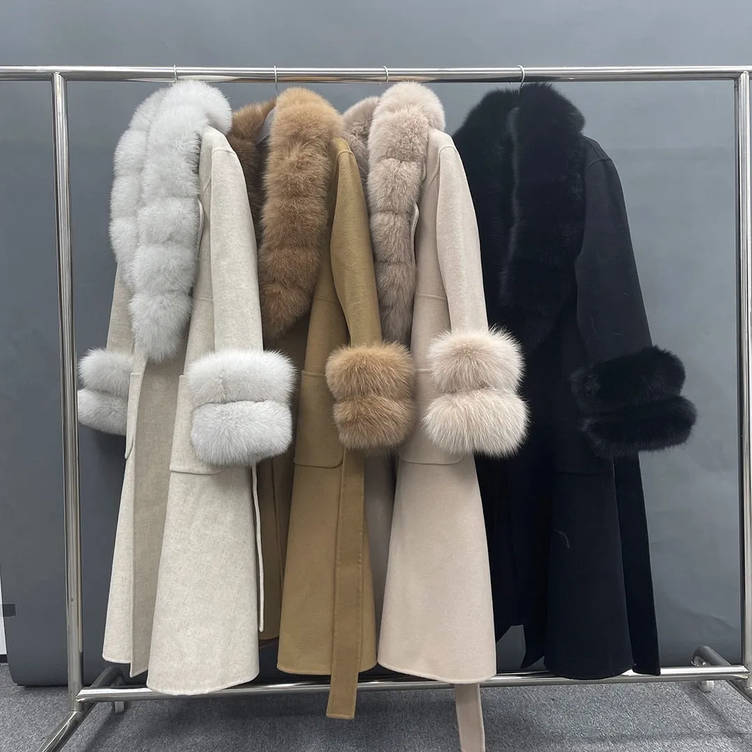 Wool With Real Fox Fur Collar Cuff Slim Fit Elegant Belted Cashmere Long Coat