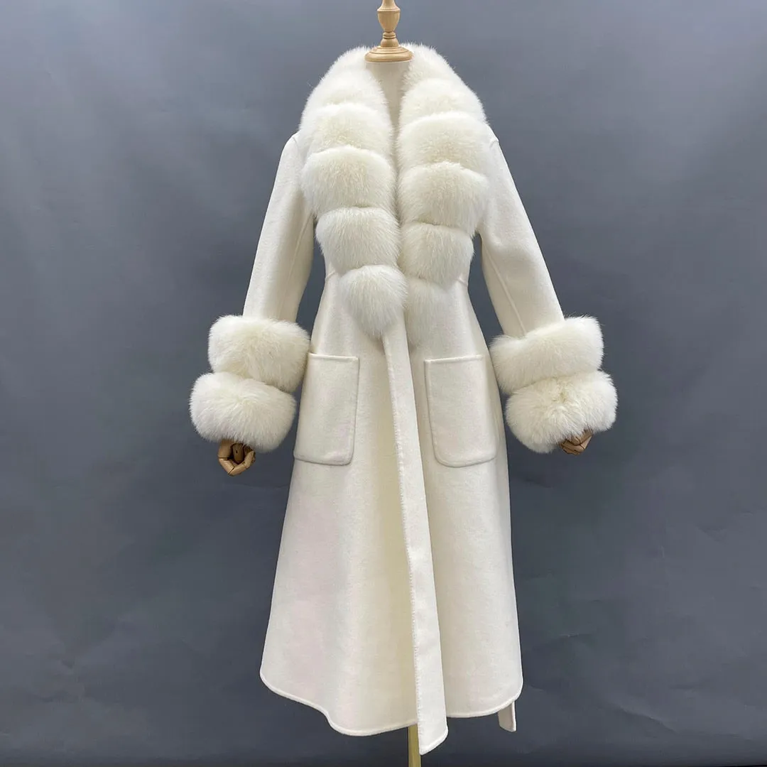 Wool With Real Fox Fur Collar Cuff Slim Fit Elegant Belted Cashmere Long Coat