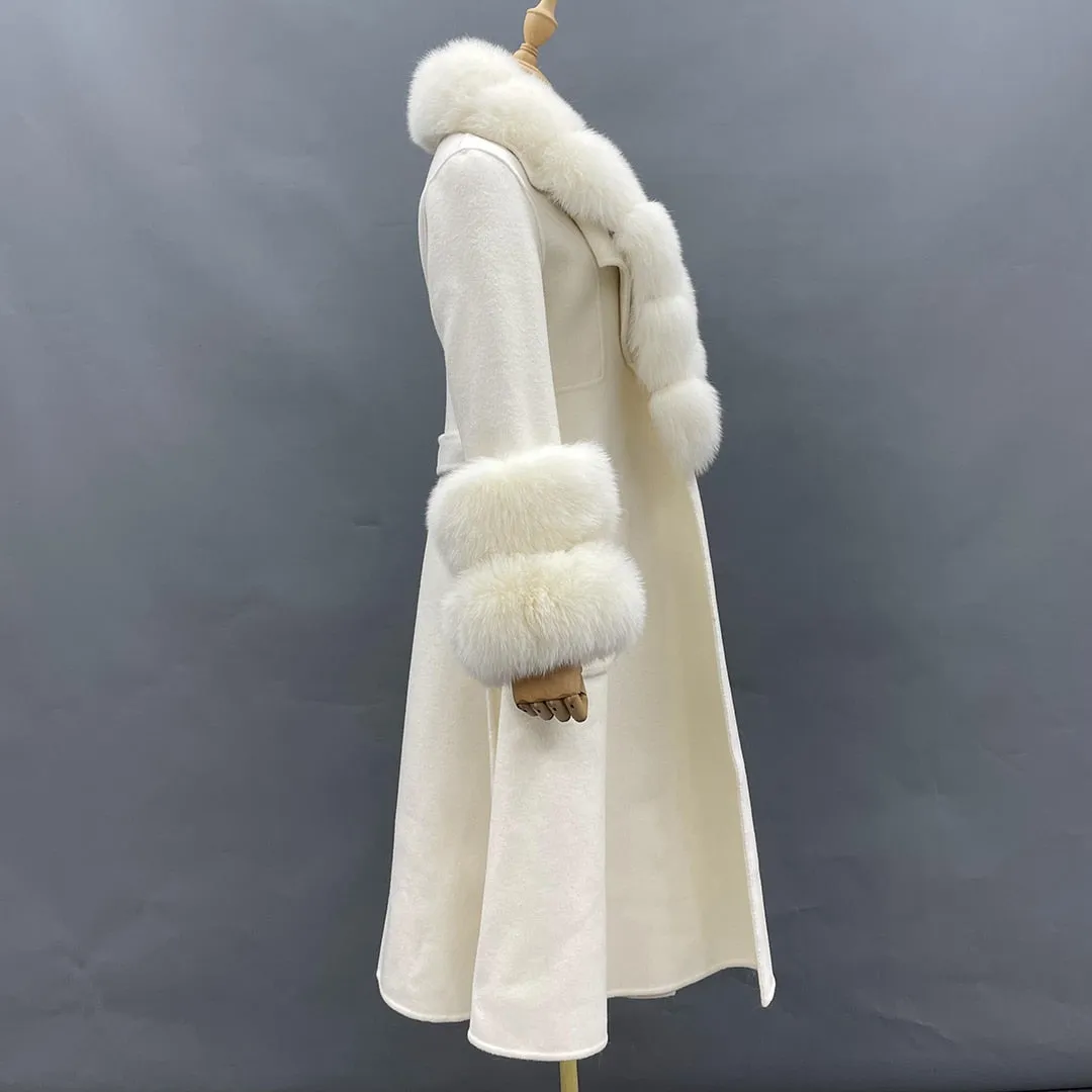 Wool With Real Fox Fur Collar Cuff Slim Fit Elegant Belted Cashmere Long Coat