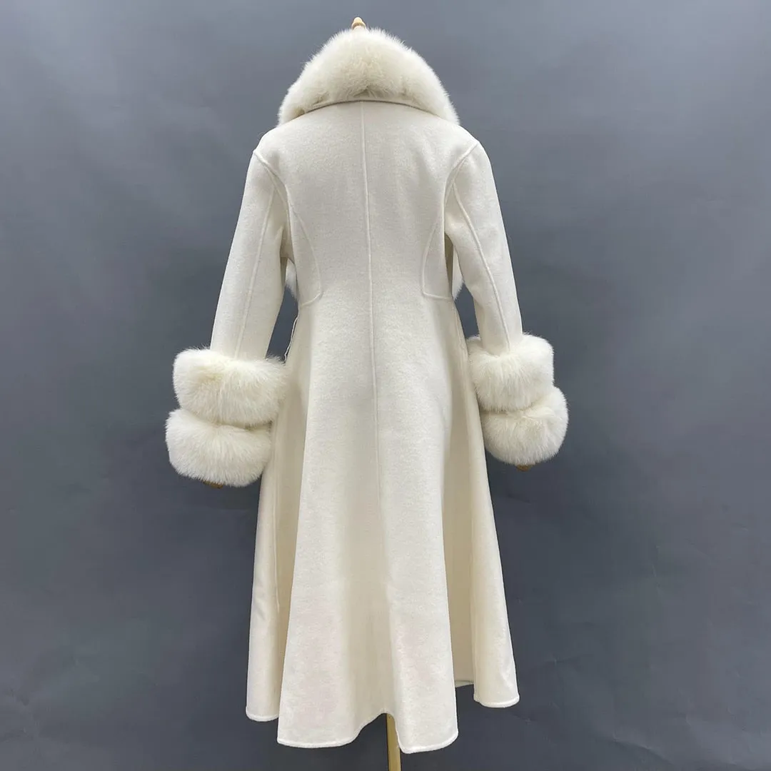 Wool With Real Fox Fur Collar Cuff Slim Fit Elegant Belted Cashmere Long Coat