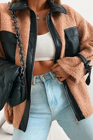 Zipper Leather Patchwork Fleece Coat